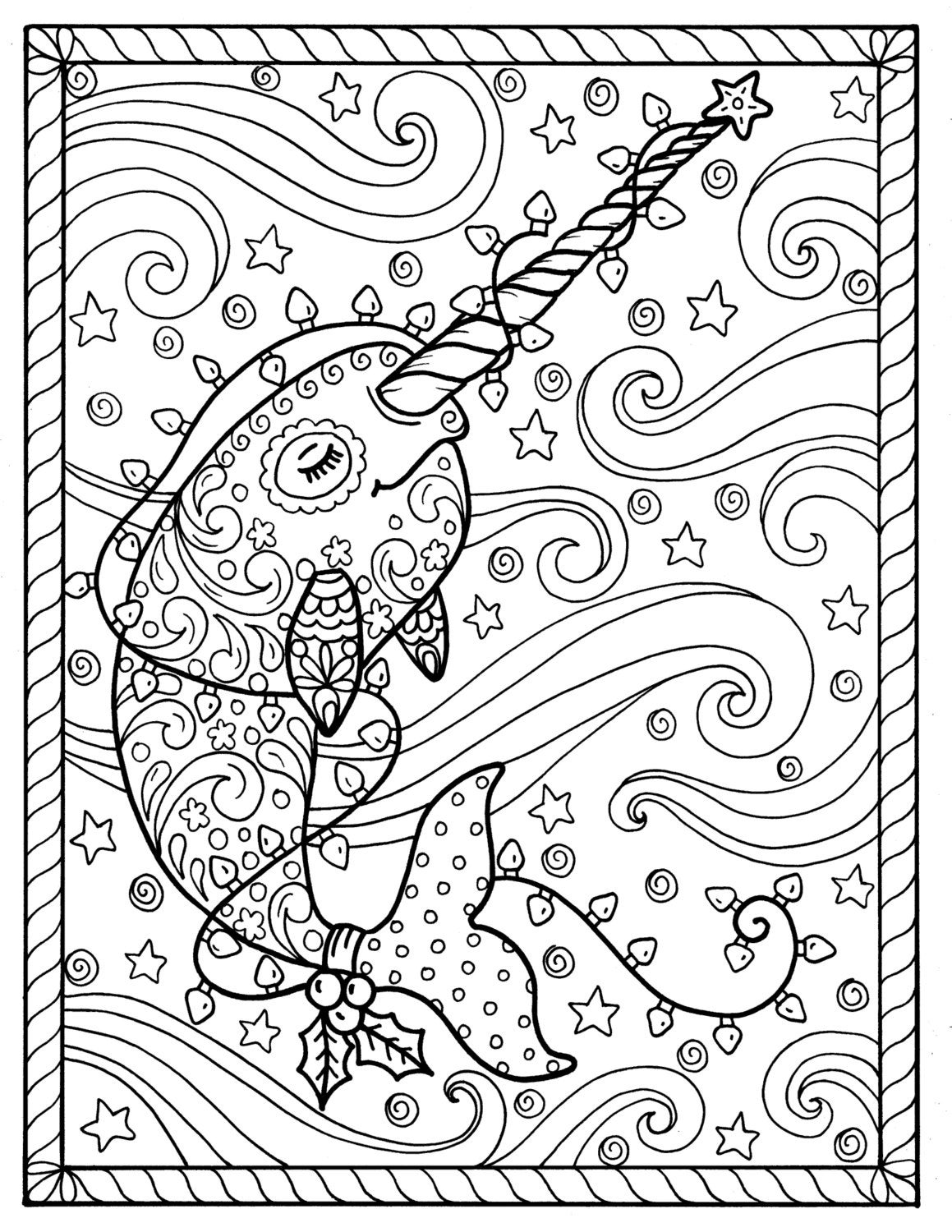 Narwhal christmas coloring pages adult coloring books digi stamp whales digital files jpg