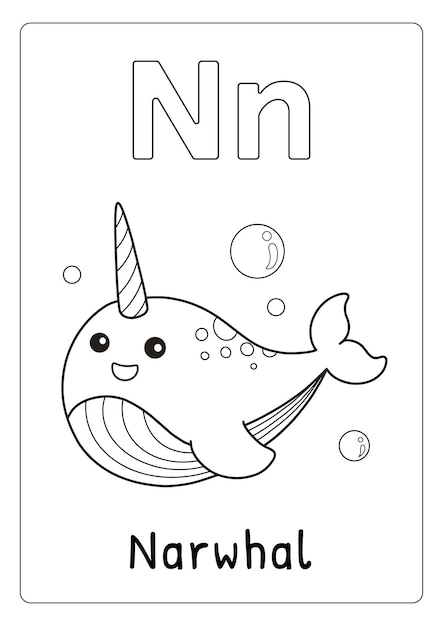 Premium vector alphabet letter n for narwhal coloring page for kids
