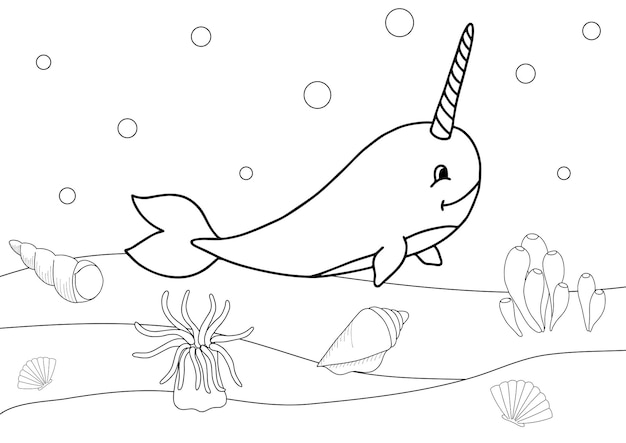 Premium vector cute cartoon narwhal coloring book or page for kids marine life
