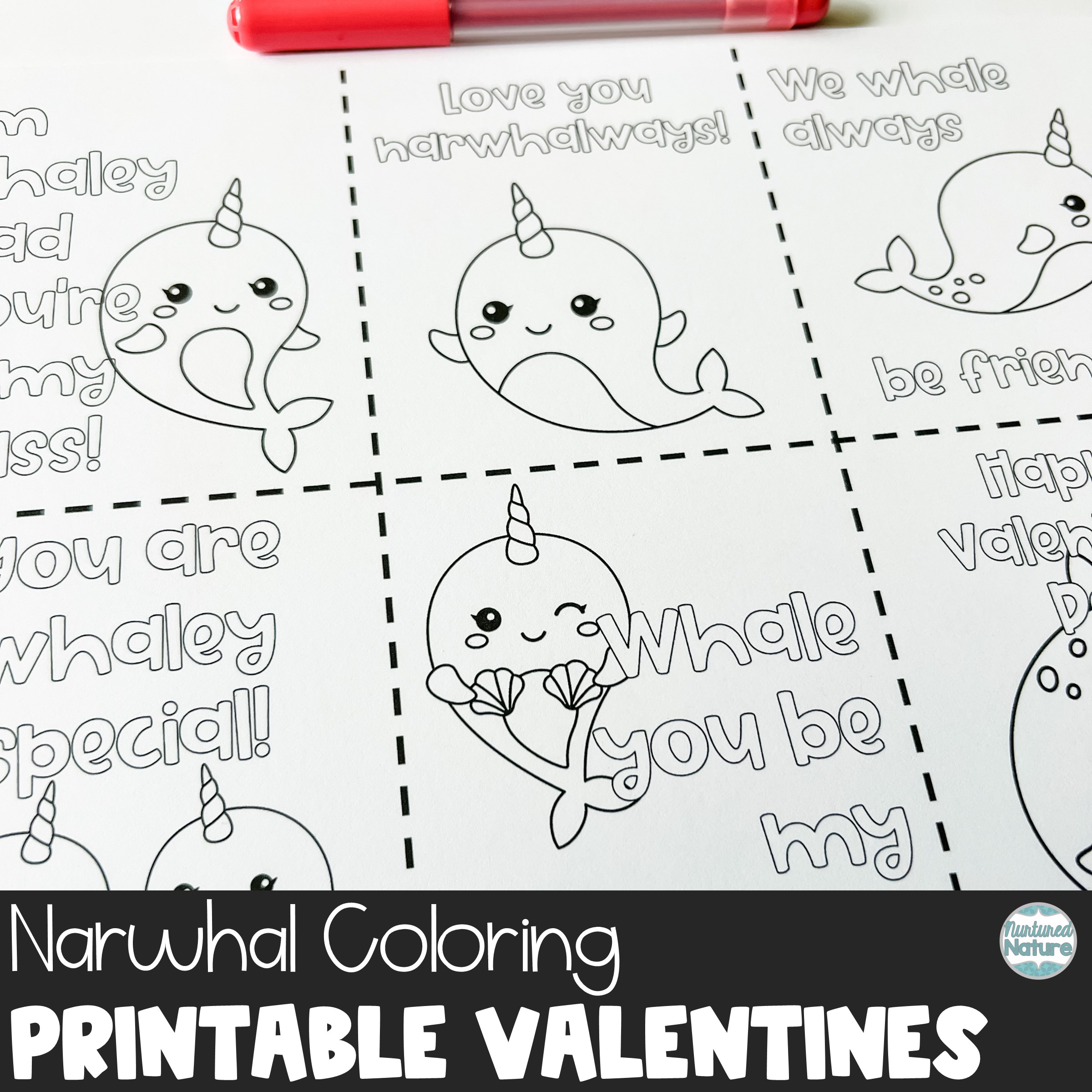 Narwhal coloring valentines day cards for students made by teachers