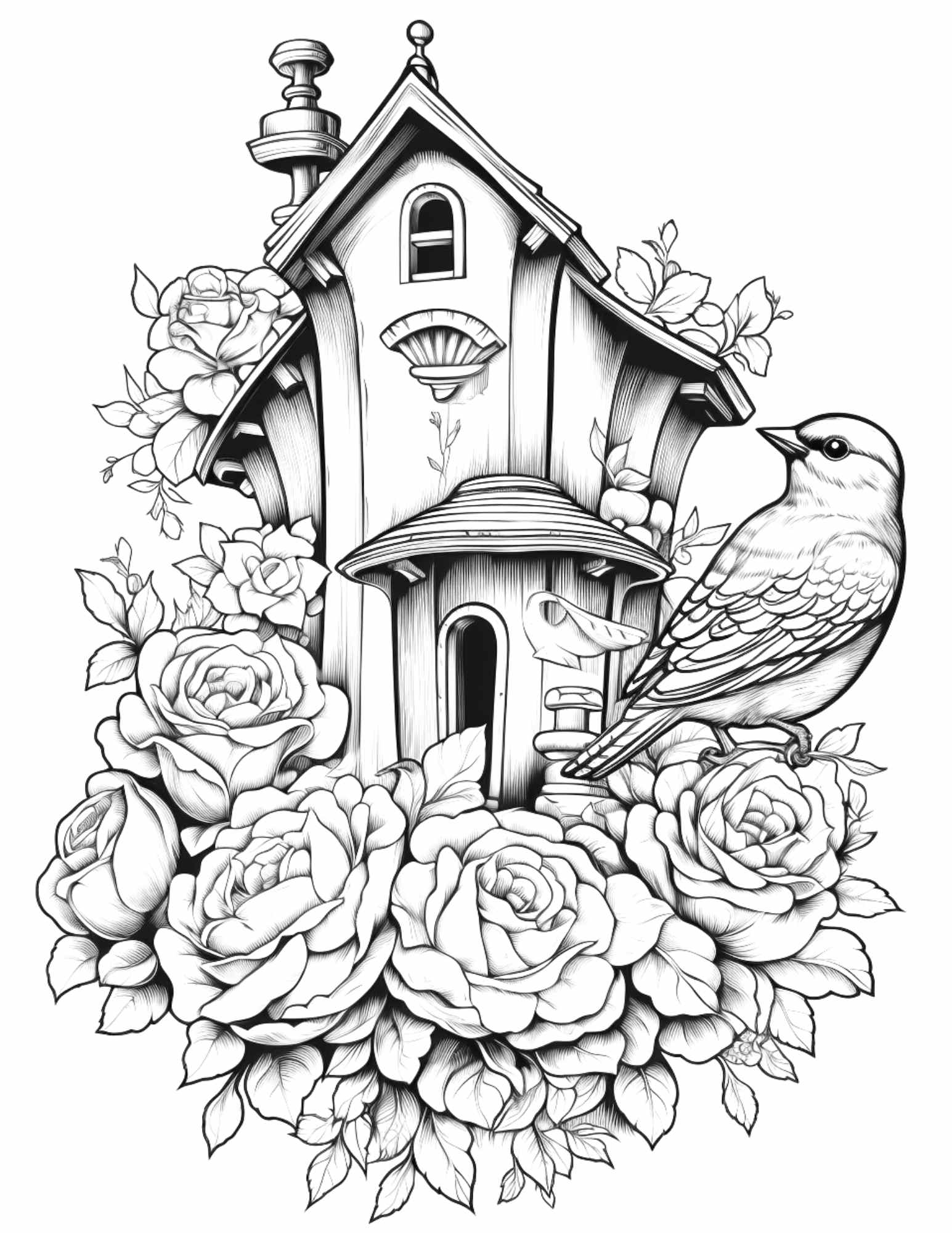 Free flower bird house grayscale coloring pages printable for adults â coloring