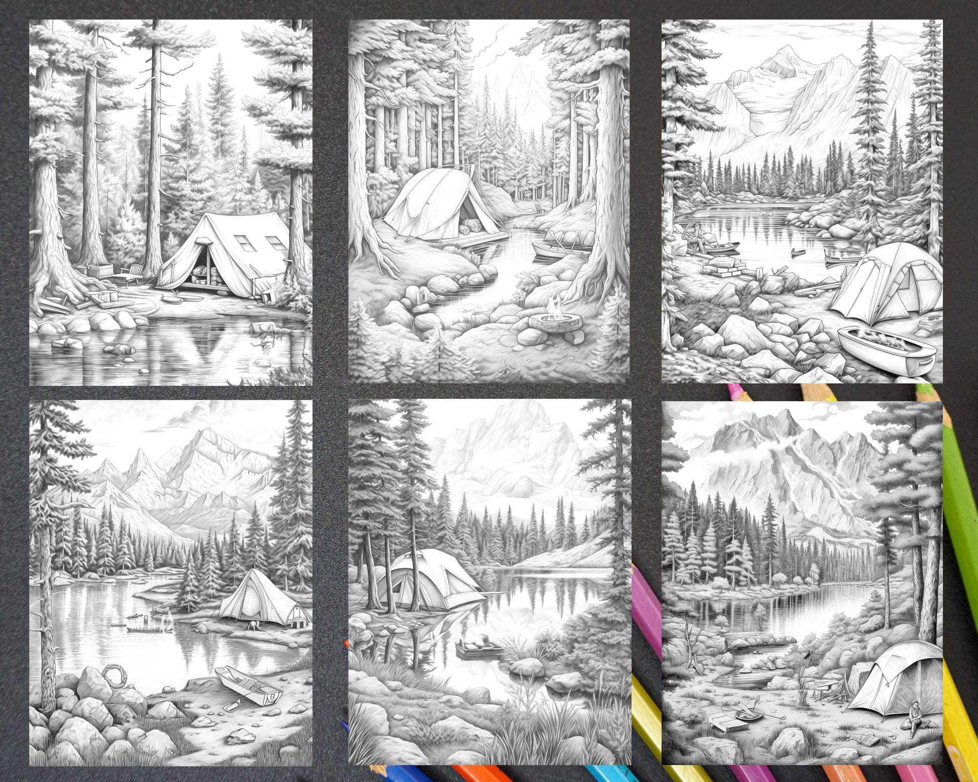 Nature camping grayscale coloring pages printable relaxing outdoor sc â coloring