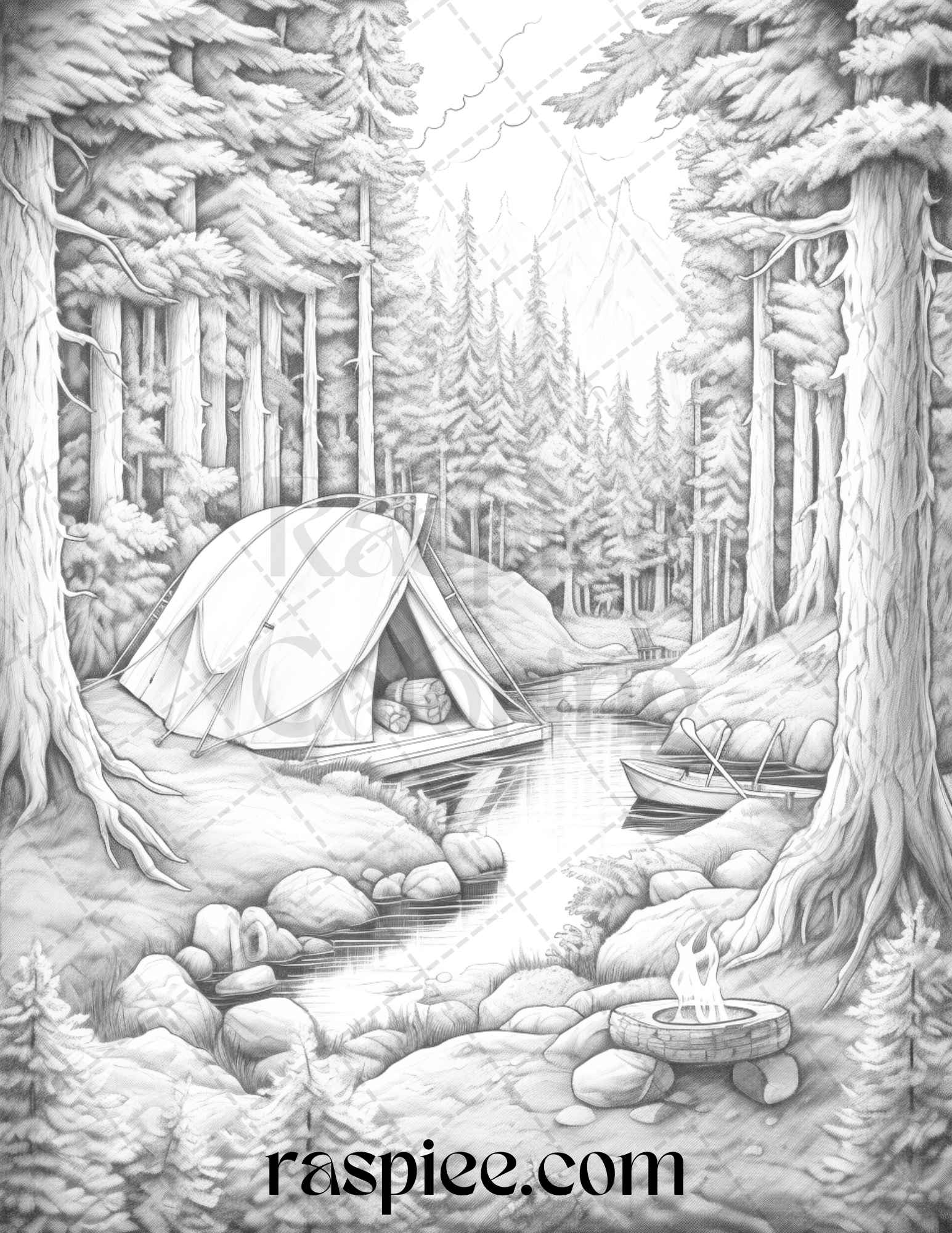 Nature camping grayscale coloring pages printable relaxing outdoor sc â coloring