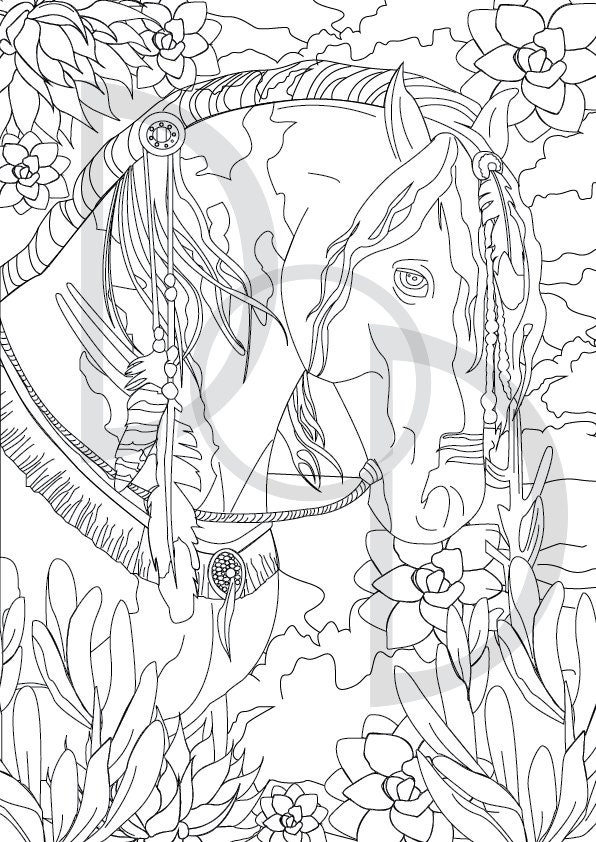 Indian navajo warrior horse horse coloring page for adults downloadableprintable coloring sheet