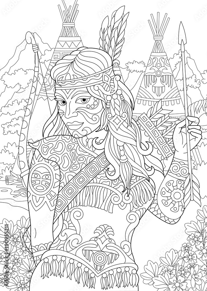 Coloring page adult coloring book native american indian woman navajo ethnicity cherokee nation boho tribal culture antistress freehand sketch drawing with doodle and zentangle elements vector