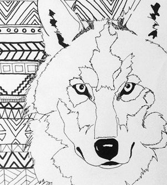 Aztec adult printable coloring page of a navajo and native american inspired wolf instant download