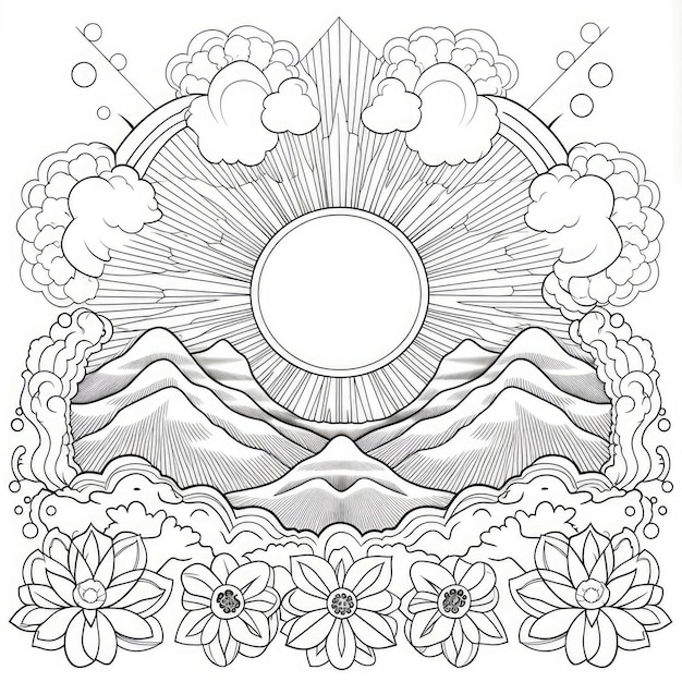 Premium ai image southwestern navajo sun leathertooled black and white coloring book page with clouds and mountains