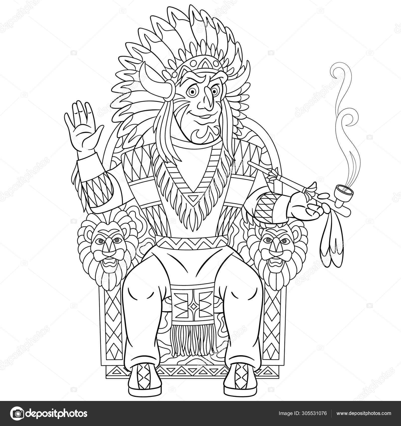 Coloring page with native american indian chief stock vector by sybirko
