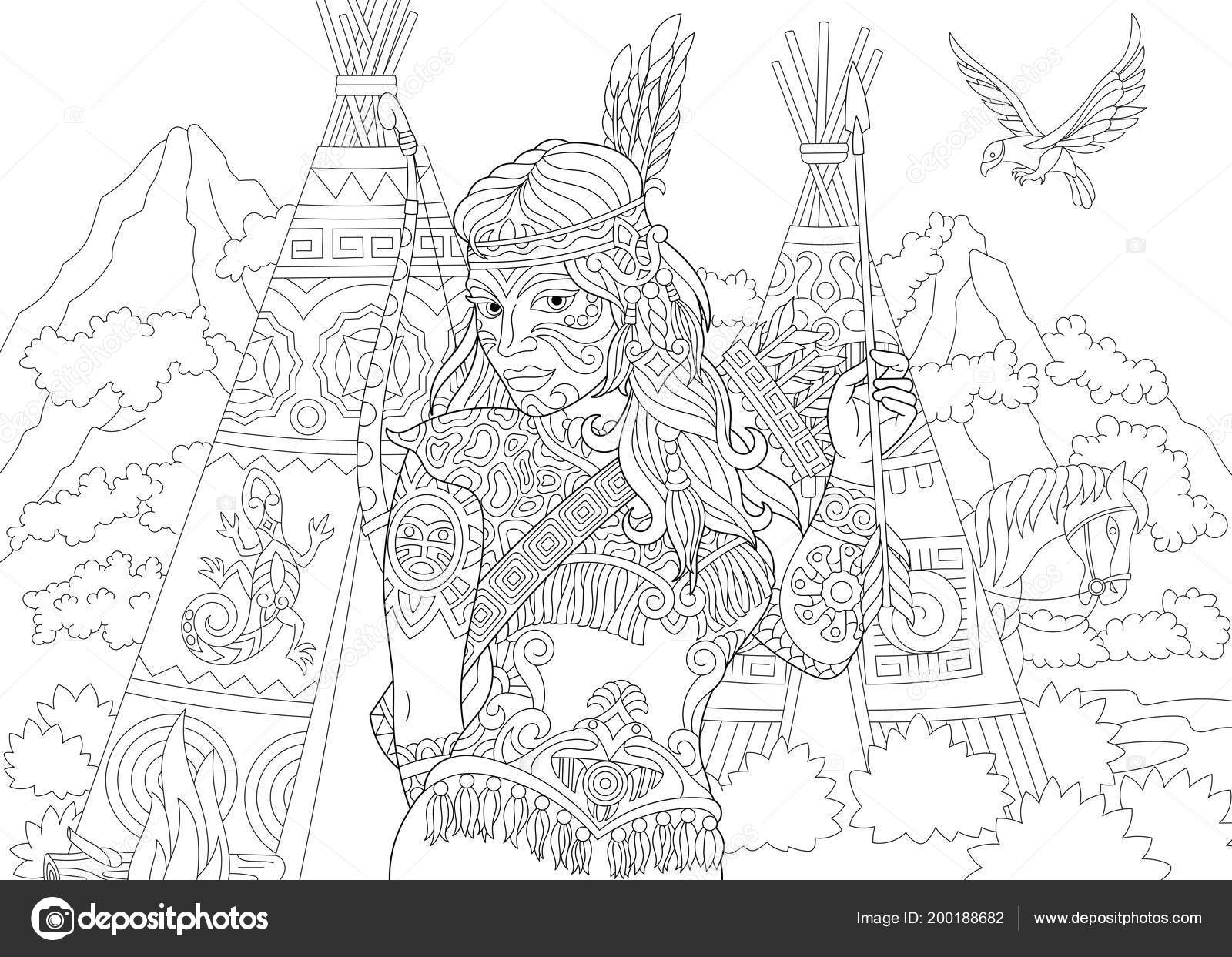 Native american indian apache woman coloring page colouring picture adult stock vector by sybirko