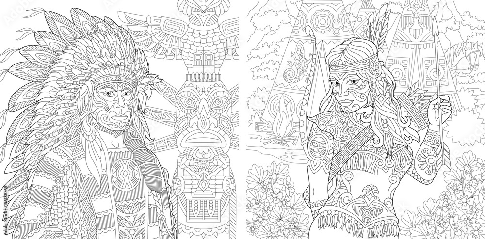 Coloring page adult coloring book native american indian chief and apache woman navajo ethnicity boho tribal culture antistress freehand sketch collection with doodle and zentangle elements vector