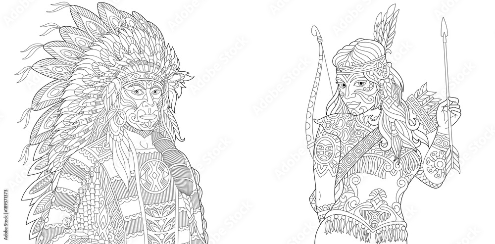 Coloring page adult coloring book native american indian chief and apache woman navajo ethnicity boho tribal culture antistress freehand sketch collection with doodle and zentangle elements vector
