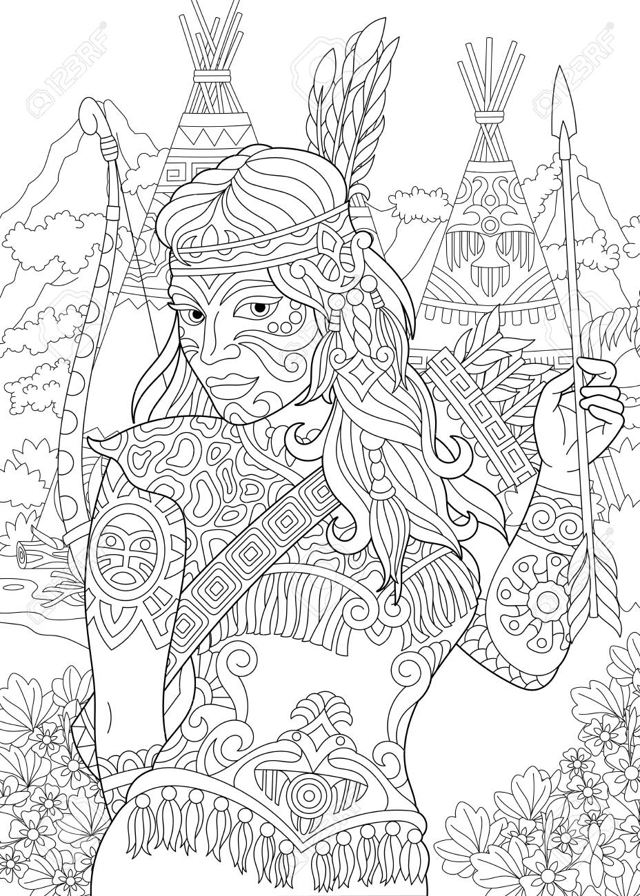 Coloring page adult coloring book native american indian woman navajo ethnicity cherokee nation boho tribal culture antistress freehand sketch drawing with doodle and zentangle elements royalty free svg cliparts vectors and stock