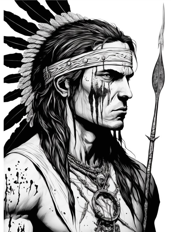 Fearless native american warrior coloring page ai generated coloring sheet portrait an american indian warrior instant digital download