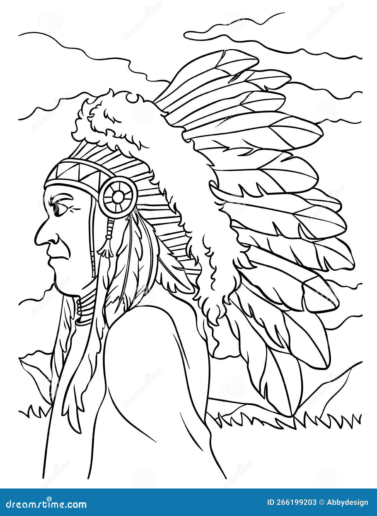 Native american indian chieftain coloring page stock vector