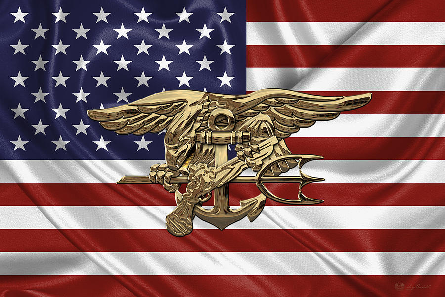 Us navy seals trident over us flag digital art by serge averbukh