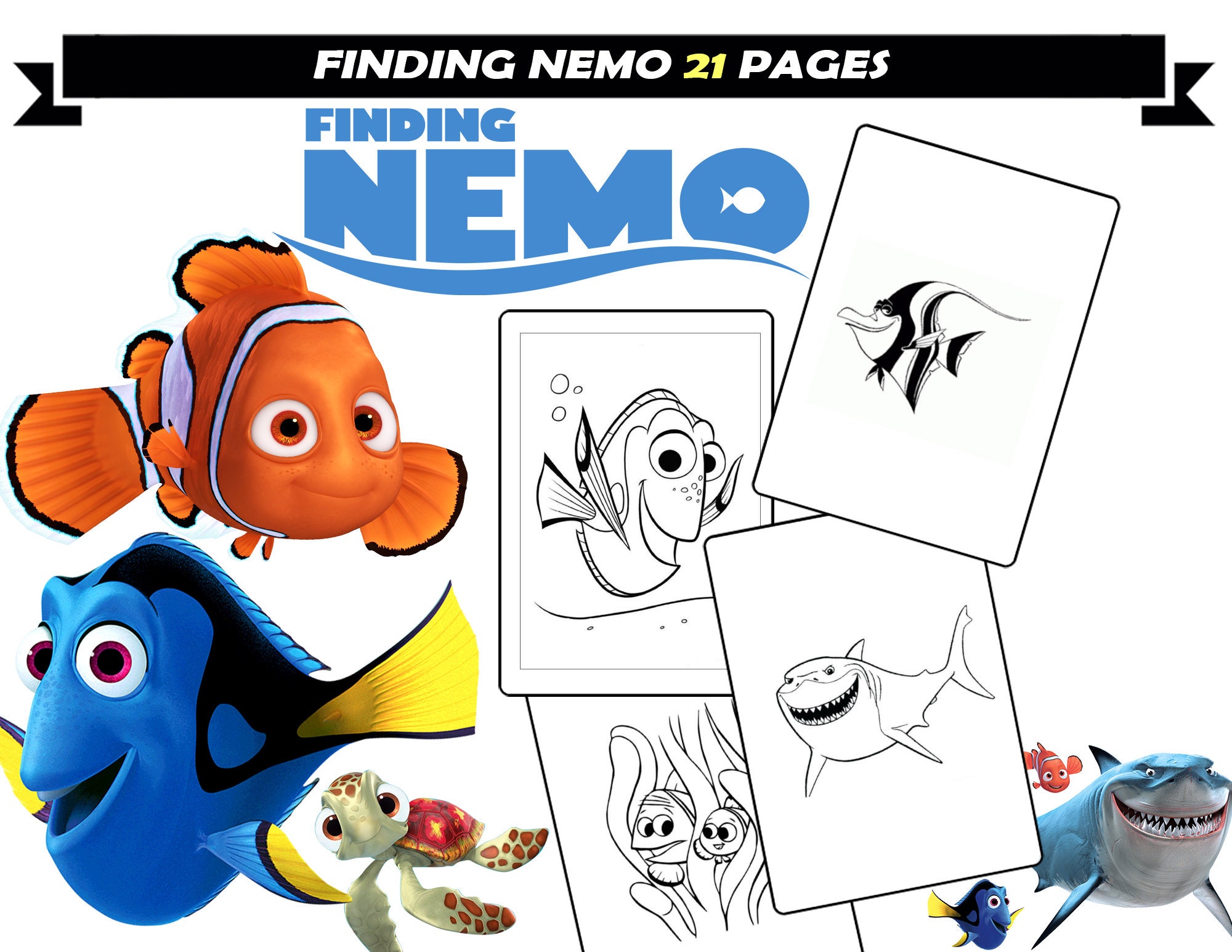 Nemo dory cartoon characters coloring pages for children printable coloring book for children instant download nemo coloring sheets download now