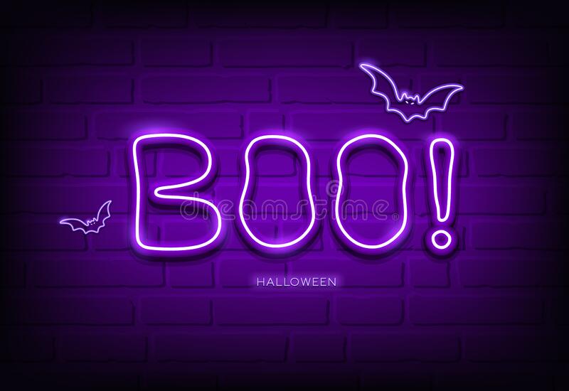 Boo message and bat neon light purple happy halloween concept designon block wall black background stock vector