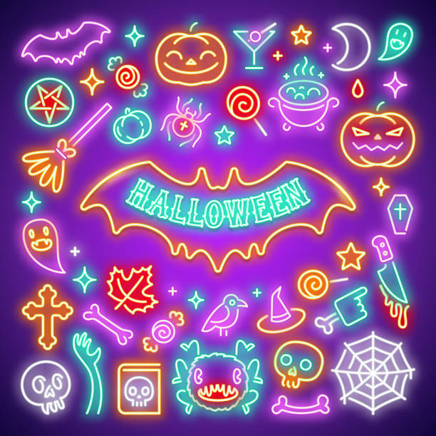 Halloween neon icons set stock vektor art und mehr bilder von halloween