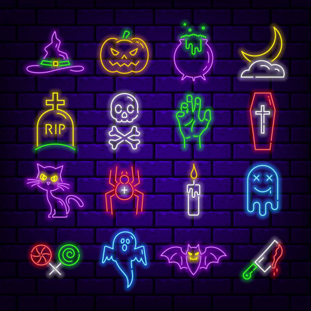 Halloween glowing neon ghost illustrations clip art