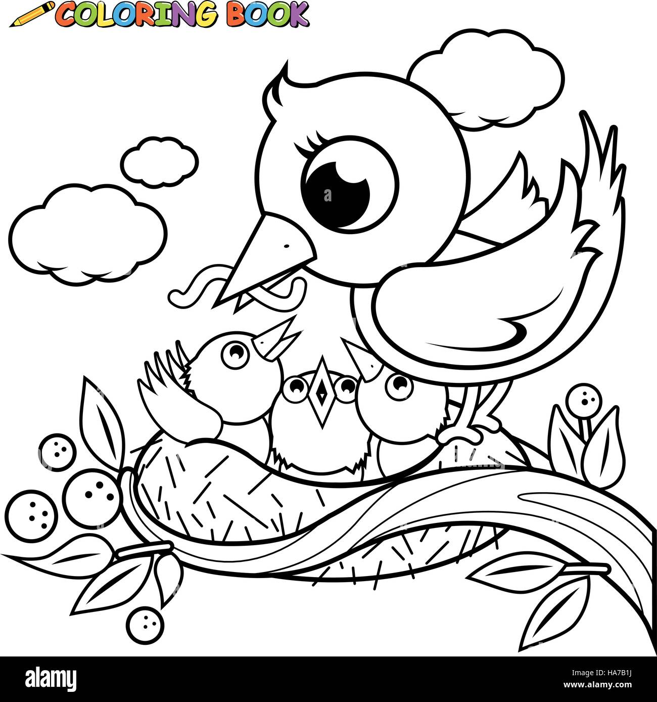 Cute birds in the nest coloring book page stock vector image art