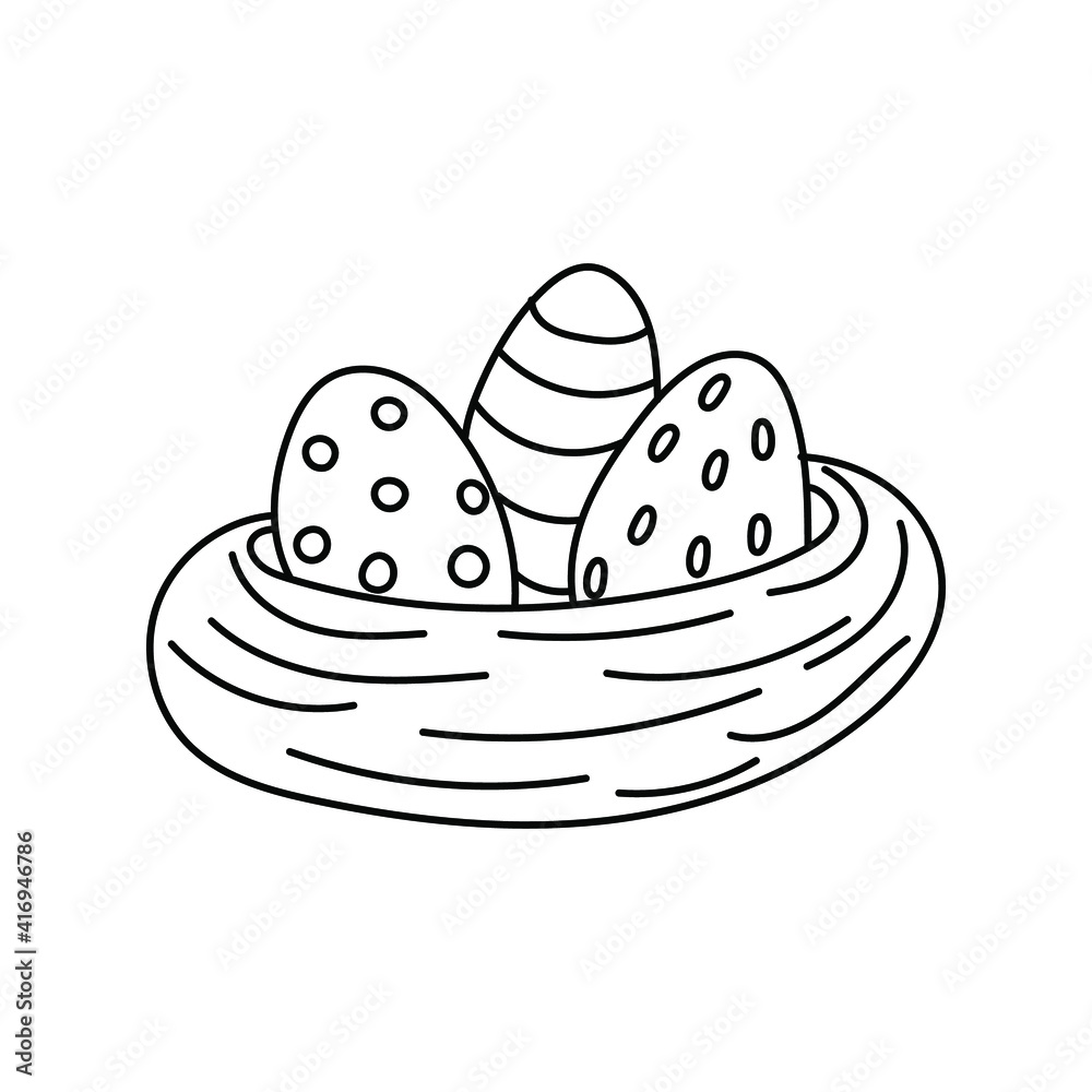 Easter doodle painted eggs in a birds nest linear vector illustration hand drawn style symbols and objects simple black drawing for sticker easter egg decor postcards icons coloring page l vector