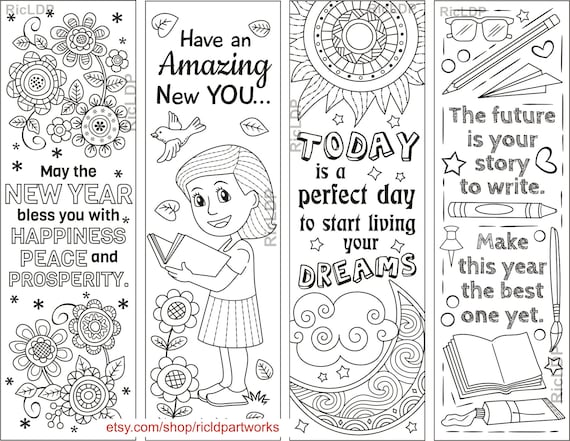 Set of new year coloring bookmarks new year phrases fresh start doodle arts digital download