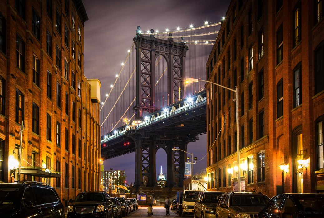New york usa manhattan manhattan bridge bridge buildings streets cars architecture evening night lights city wallpaper x