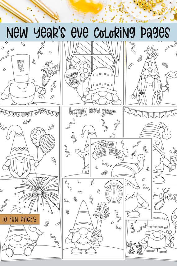 New years printable gnome coloring pages new years eve party celebrations adult coloring book kids coloring book