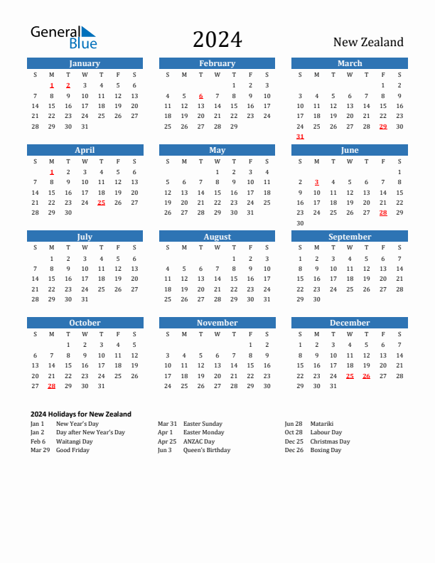 New zealand calendar with holidays