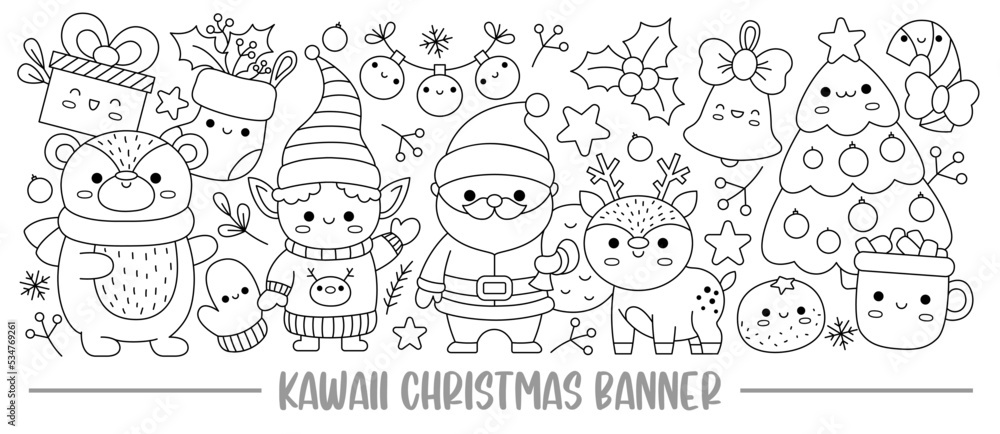 Christmas black and white horizontal banner with kawaii characters for kids vector santa claus standing with deer elf tree cute new year line illustration funny winter holiday coloring page vector