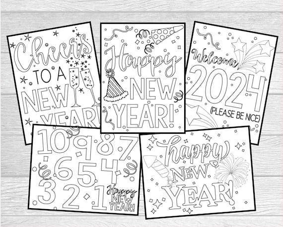 Printable new years eve coloring pages for kids or adults holiday coloring pages instant digital download printable pages