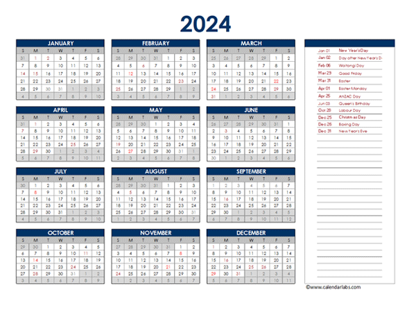 New zealand annual calendar with holidays
