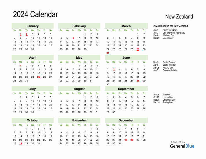 New zealand calendar with holidays