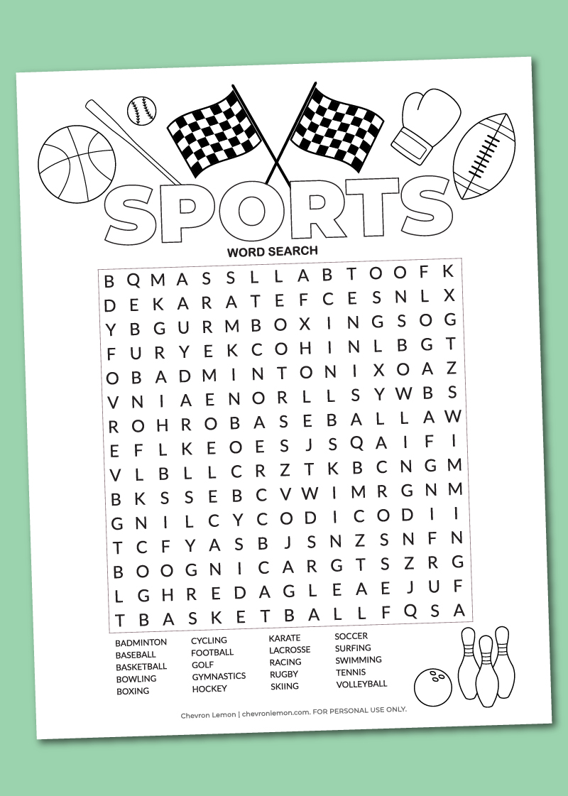 Printable sports word search puzzle