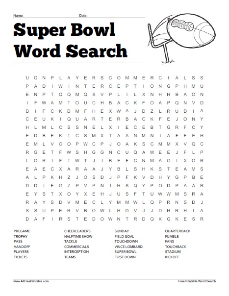 Super bowl word search â free printable