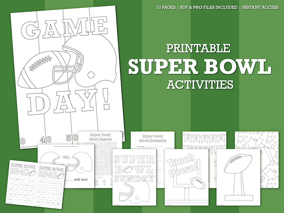 Super bowl party games bingo word search word scramble and maze football activities coloring pages printable