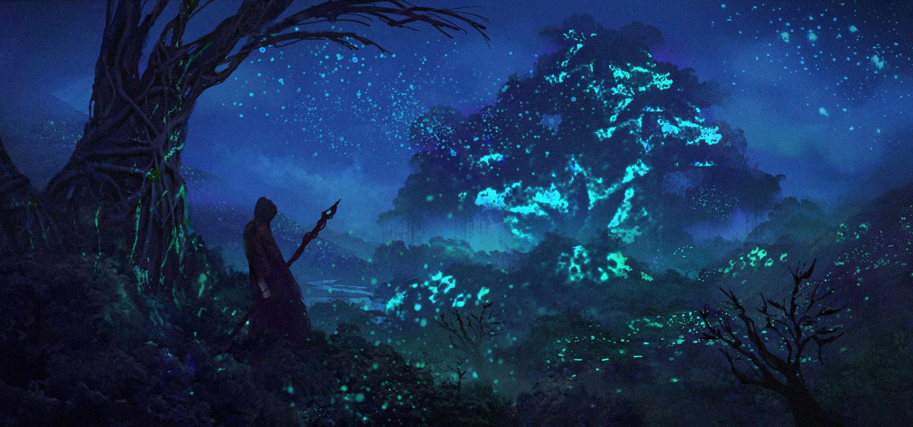Night warrior trees blue fantasy art magic
