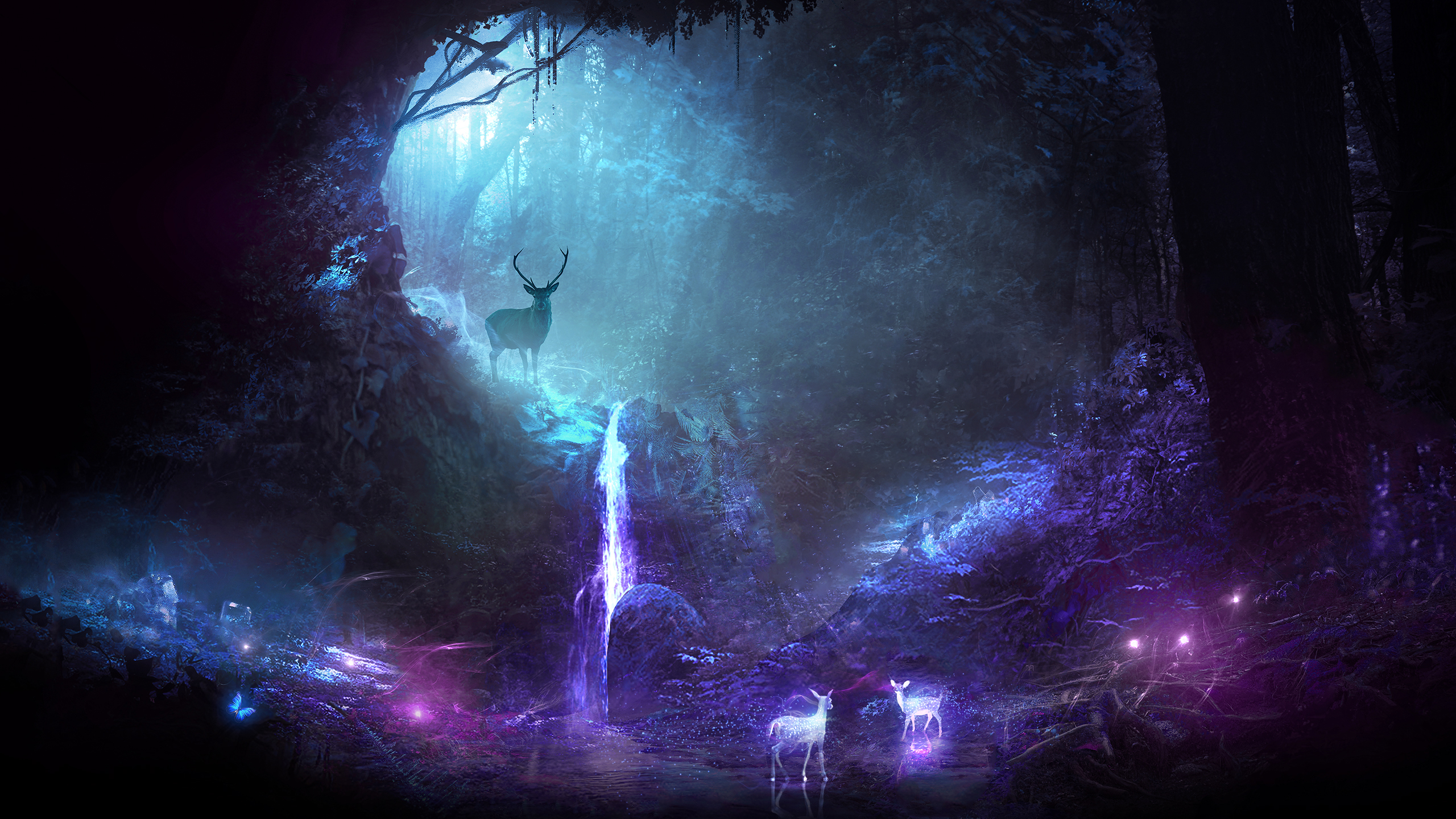 Deer animal night fantasy waterfall hd artist k wallpapers images backgrounds photos and pictures