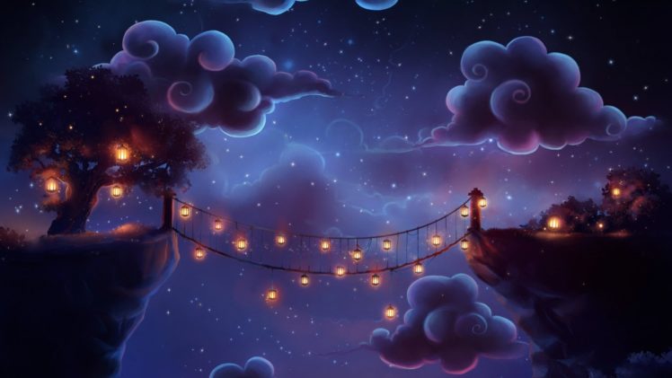 Bridge flashlights clouds night fantasy magic wallpapers hd desktop and mobile backgrounds