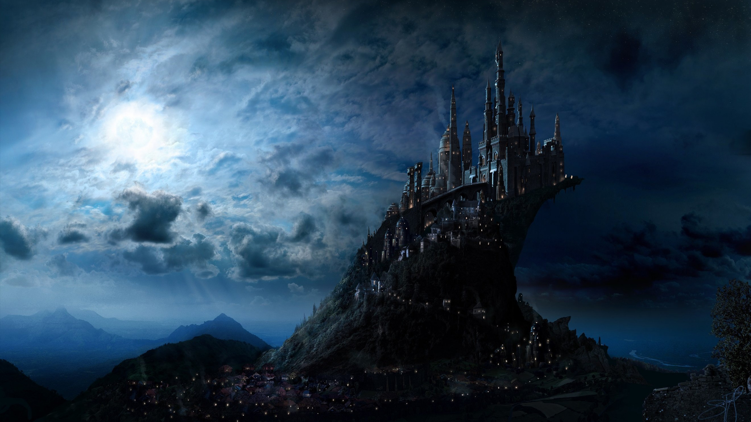 Download wallpaper the sky light night the city castle fiction the moon art fantasy section fantasy in resolution x