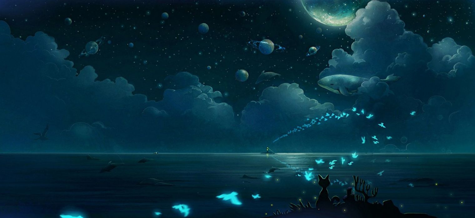 Butterfly clouds night anime fantasy wallpaper x
