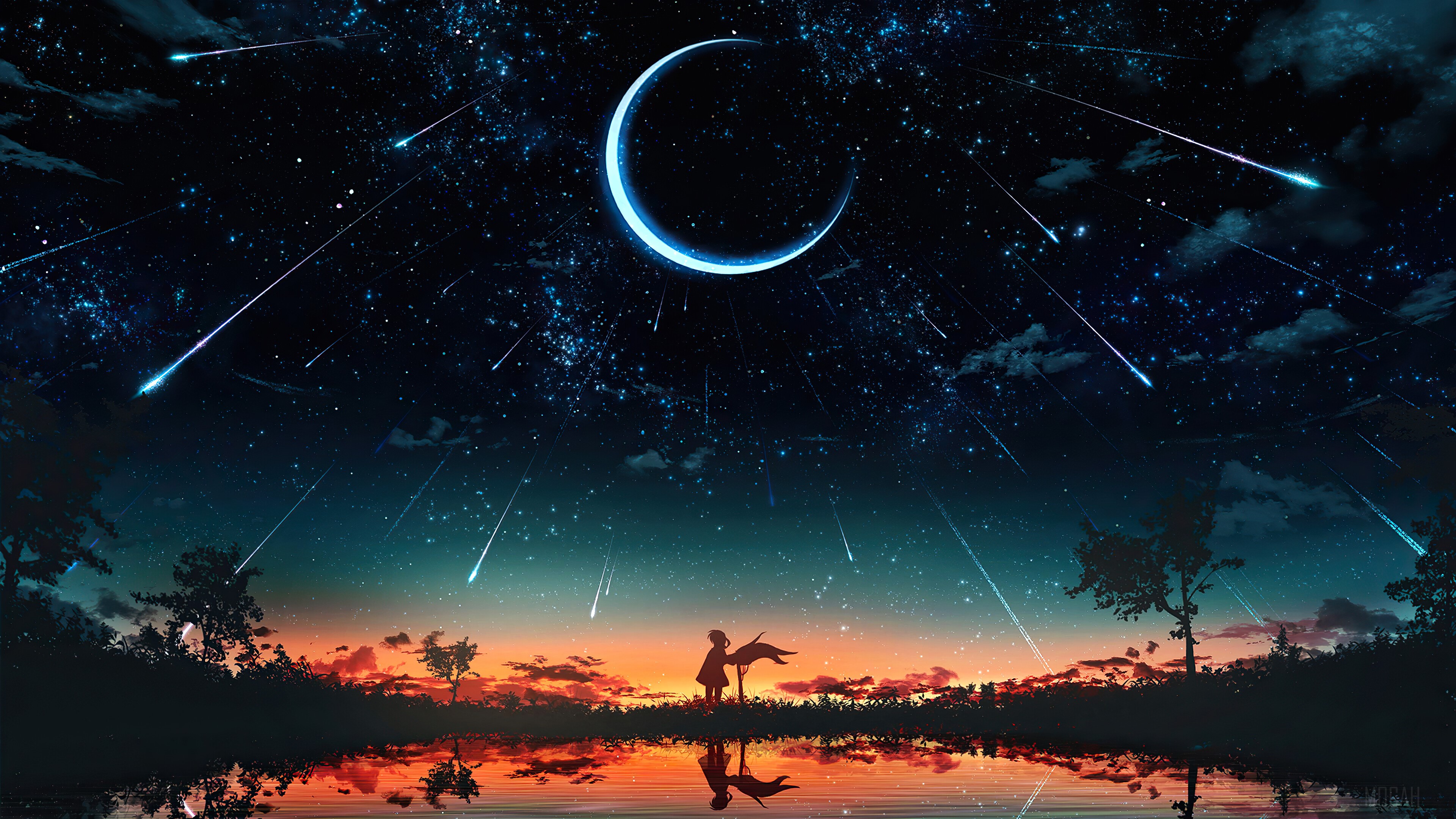 Sunset starry night sky moon stars anime scenery k