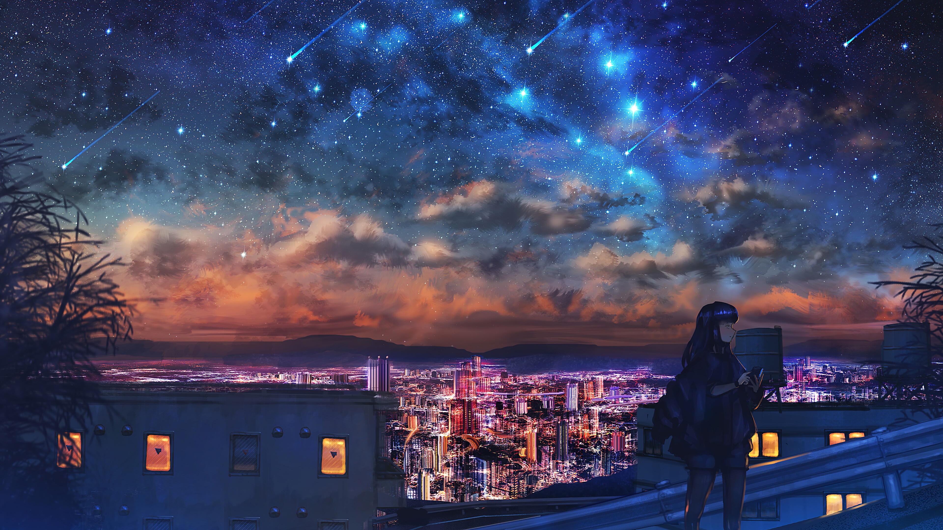 Wallpaper starry night sky stars city anime girl k hd