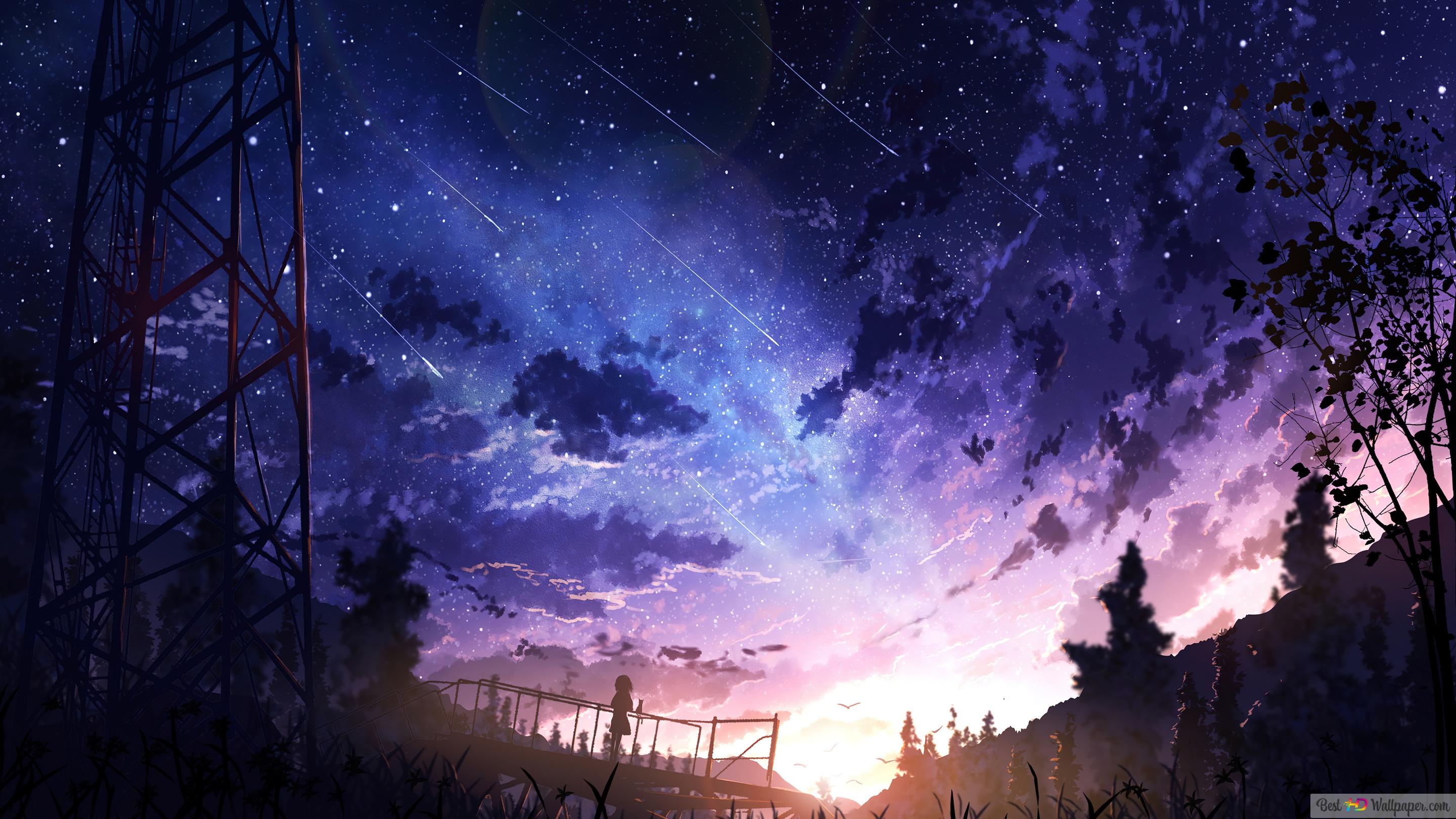 Night sky falling stars k wallpaper download