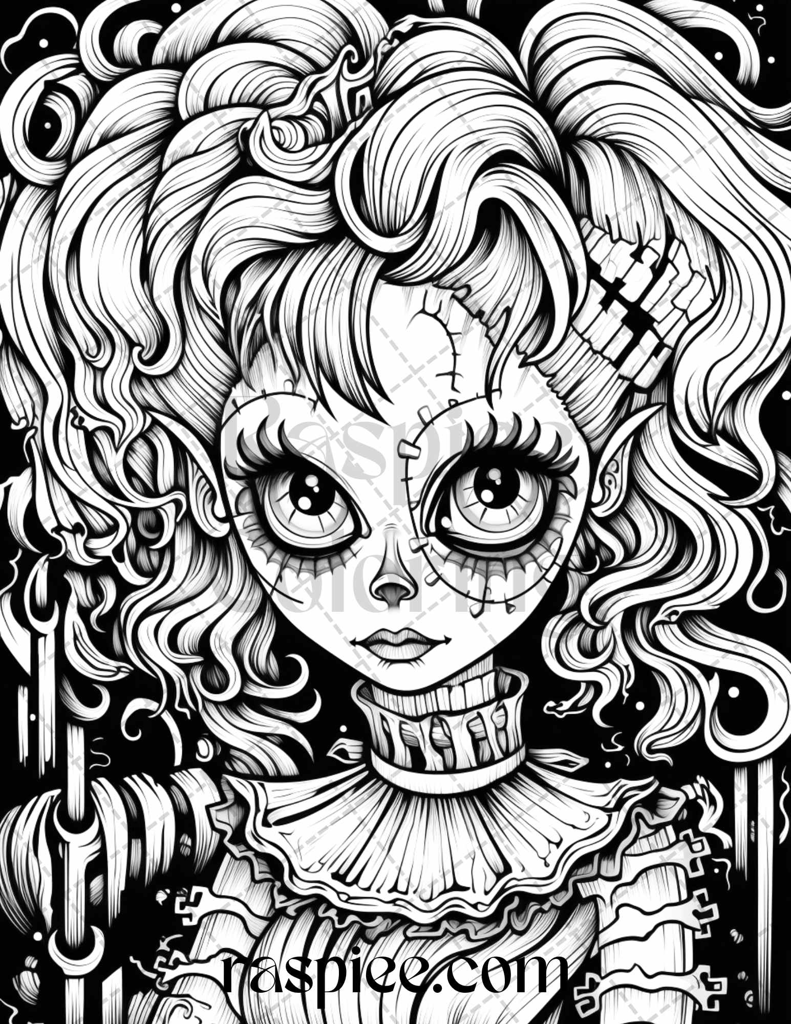 Spooky miss nightmare grayscale coloring pages printable for adults â coloring