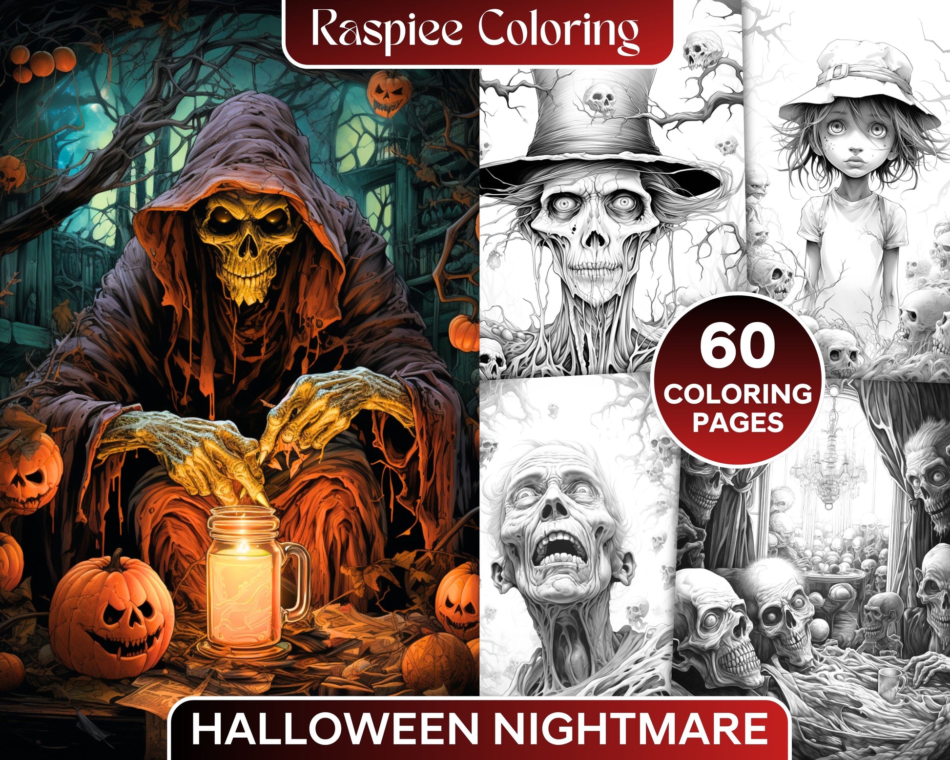Halloween nightmare grayscale coloring pages printable for adults â coloring