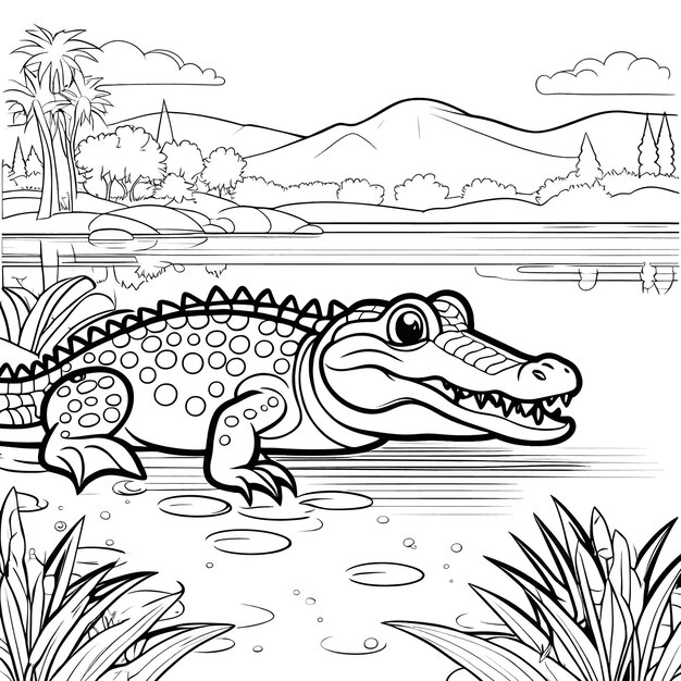 Premium vector vector hand drawn crocodile kawaii coloring page illustration