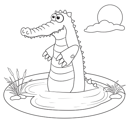 Coloring page outline of cartoon crocodile in lake page for coloring book of funny alligator for kids activity colorless picture of cute animals antistress page for child black and white vector stock
