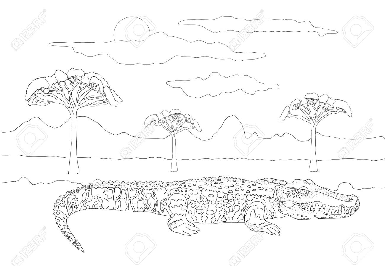 Coloring book for adults and children with a crocodile against the backdrop of a landscape with trees and sky wild toothy animal on the background of clouds and the sun in lines