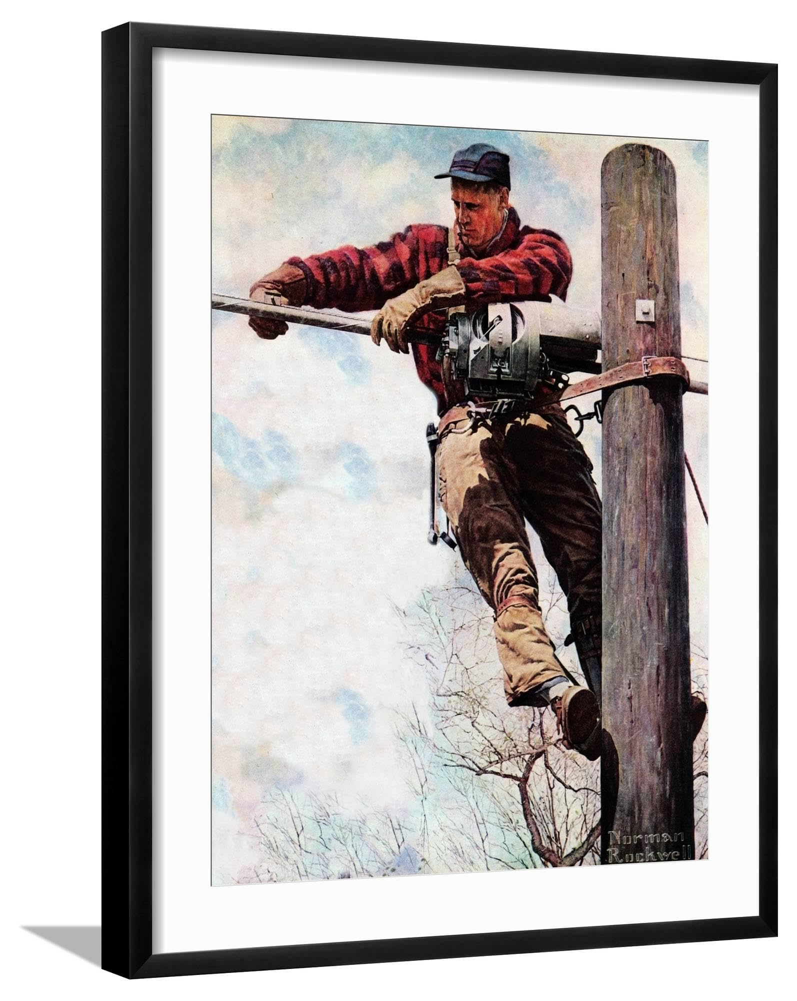 Art wall giclee print the lineman or telephone lineman on pole on black frame by norman rockwell x posters prints